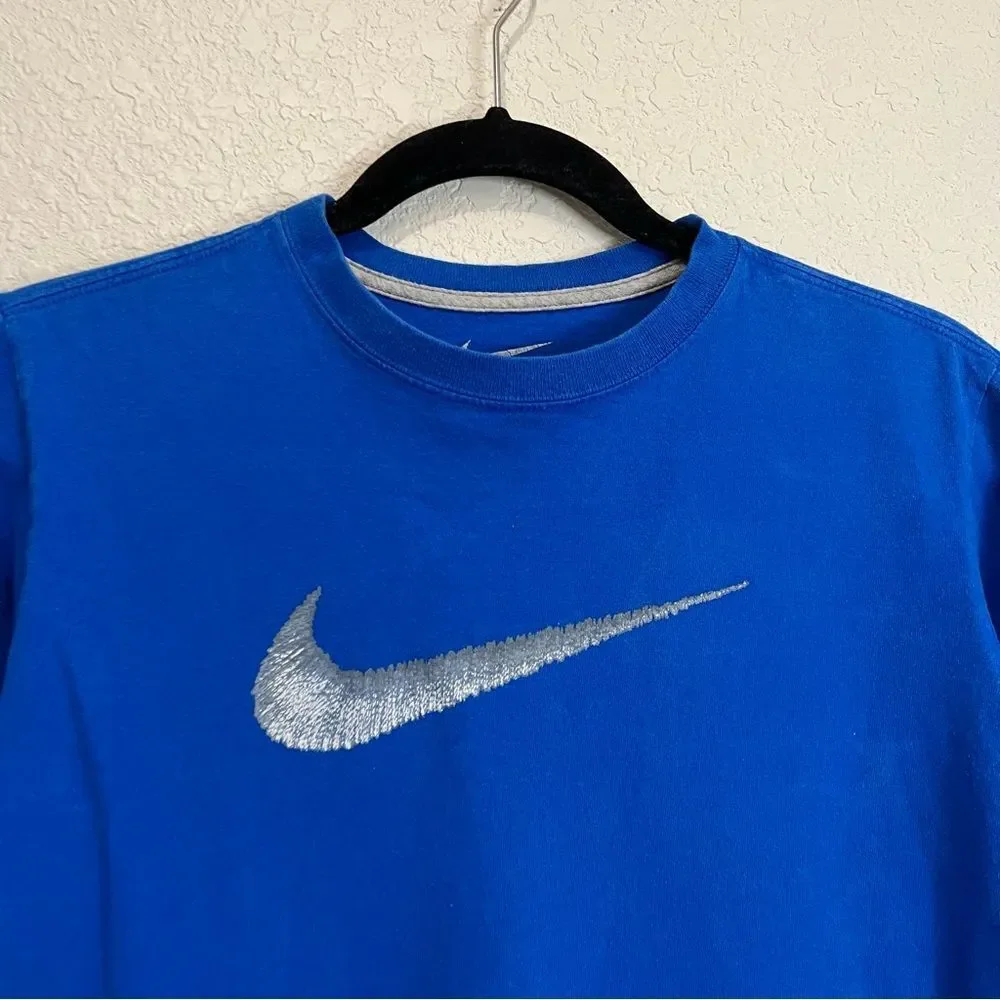 Nike Blue Gray Swoosh Logo Graphic Tee Shirt Long Sleeve Youth Boys Size L